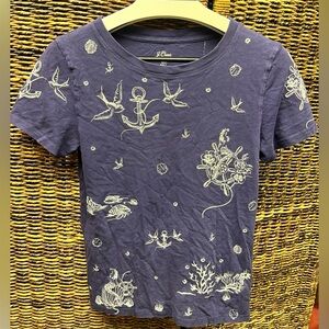 J. Crew Purple,‎ Cream Embroidered Nautical Print Tee, Estimated size: Small